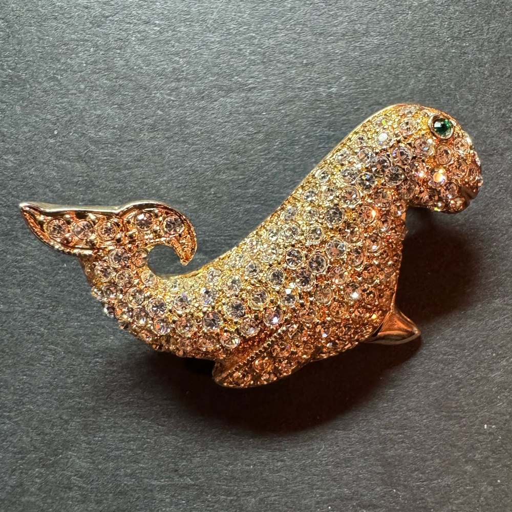 Signed Roman | Vintage Seal Rhinestone Brooch Pin Lapel | Green Eyes